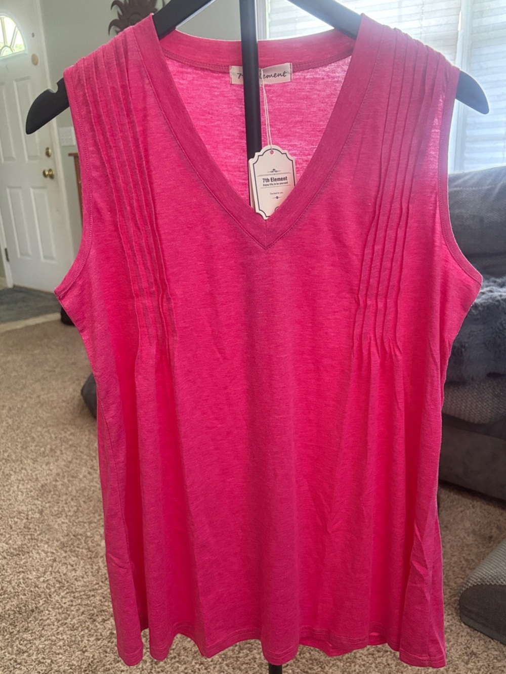 7th Element V-Neck Pintuck Tank Top - Hot Pink